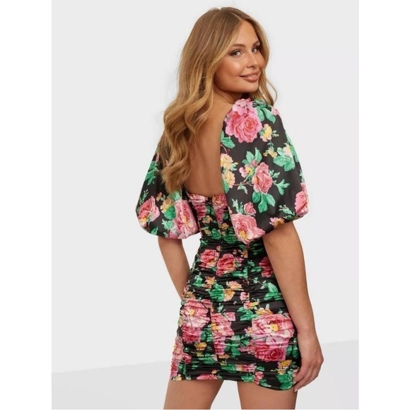 NWT For Love and Lemons Jolie Black & Coral Rushed Floral Mini Dress size XS - Picture 2 of 13